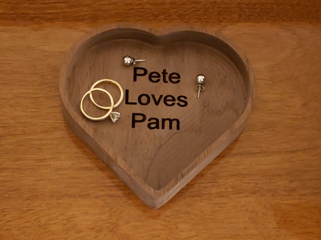 Heart-shaped wood jewelry dish engraved Pete Loves Pam