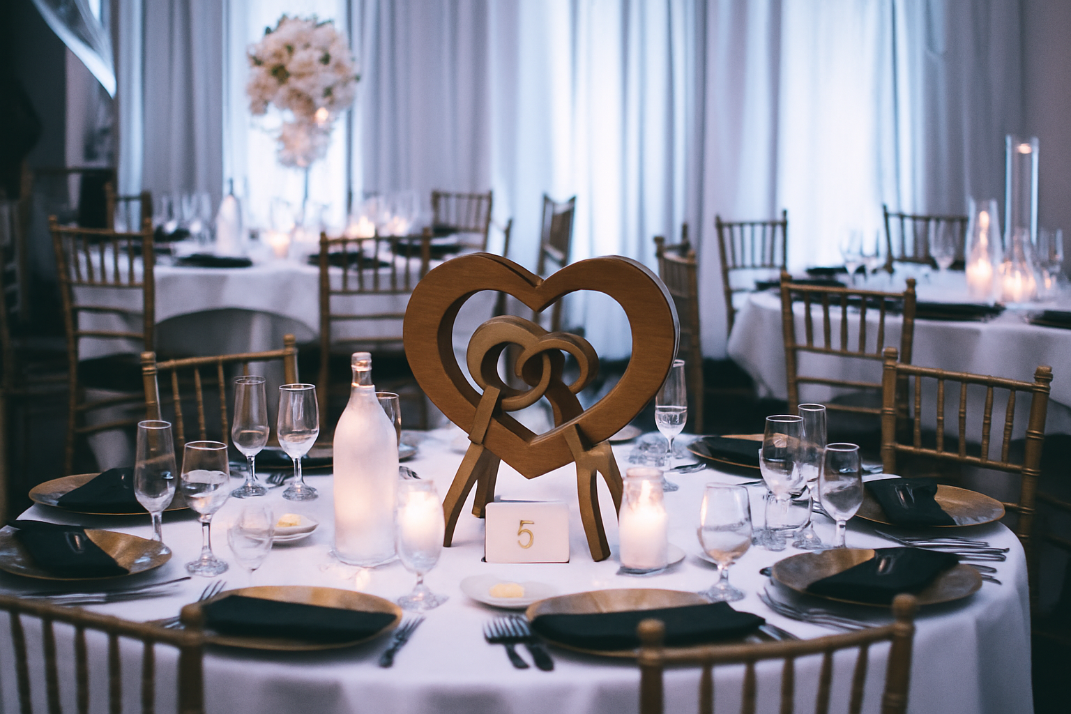 Wooden heart and wedding ring centerpiece on a table