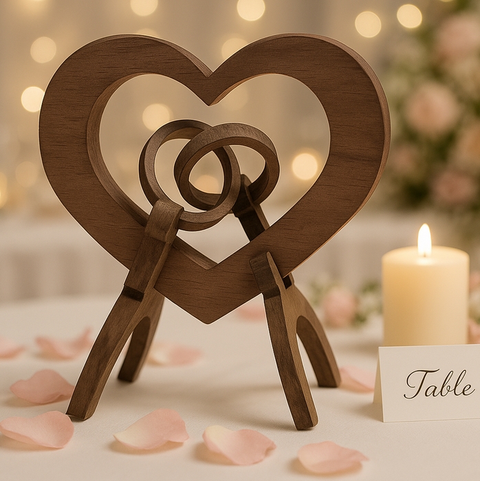 Walnut heart and interlocking ring wedding centerpiece