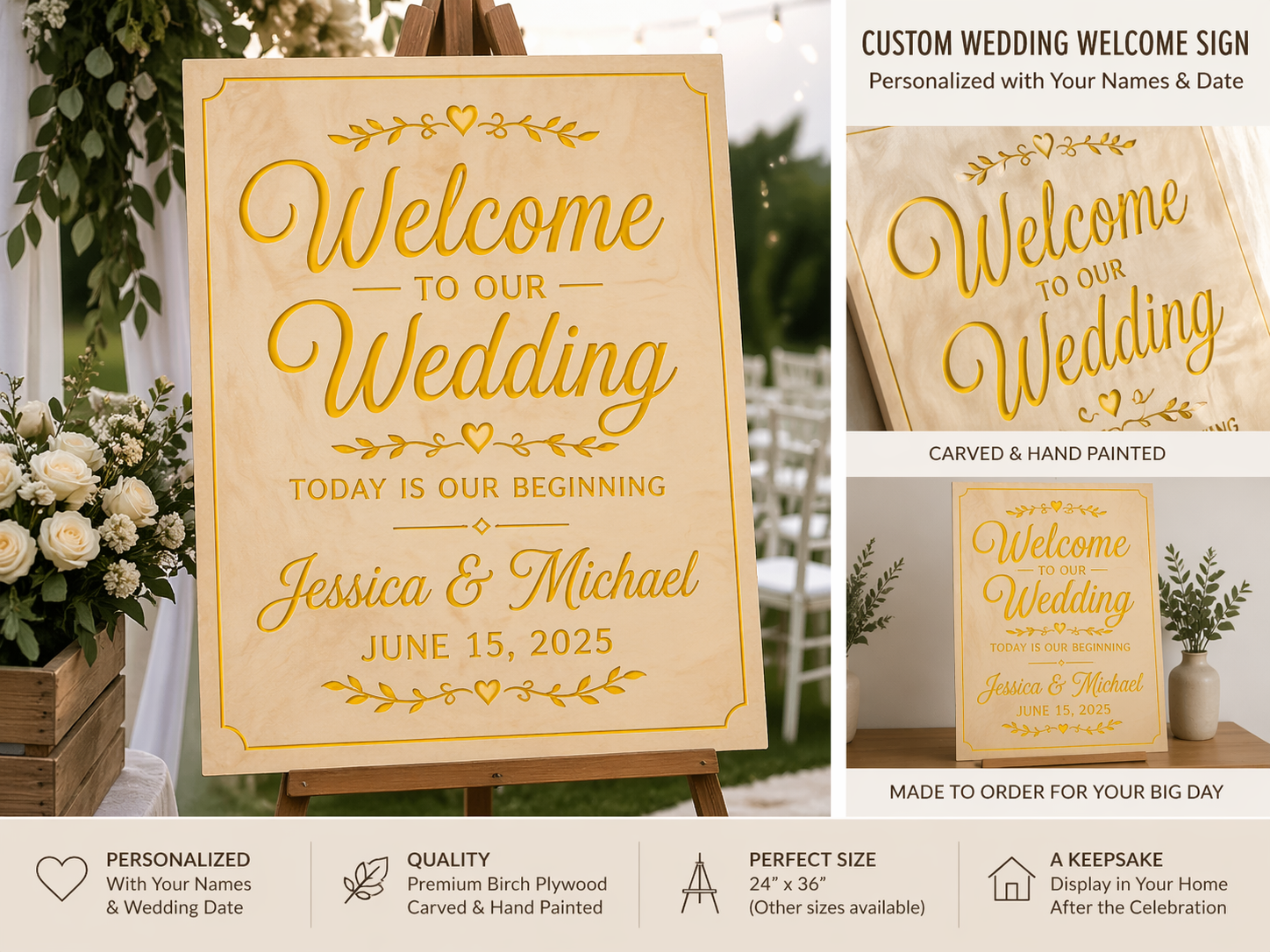Personalized carved wedding welcome sign